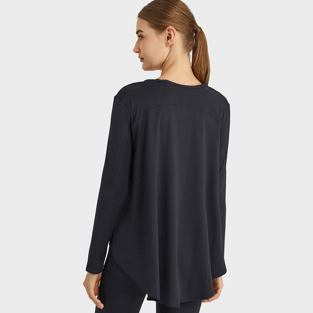 Back view of a stylish black loose women's top with long sleeves and V-neckline, perfect for yoga, offering breathability and comfort.
